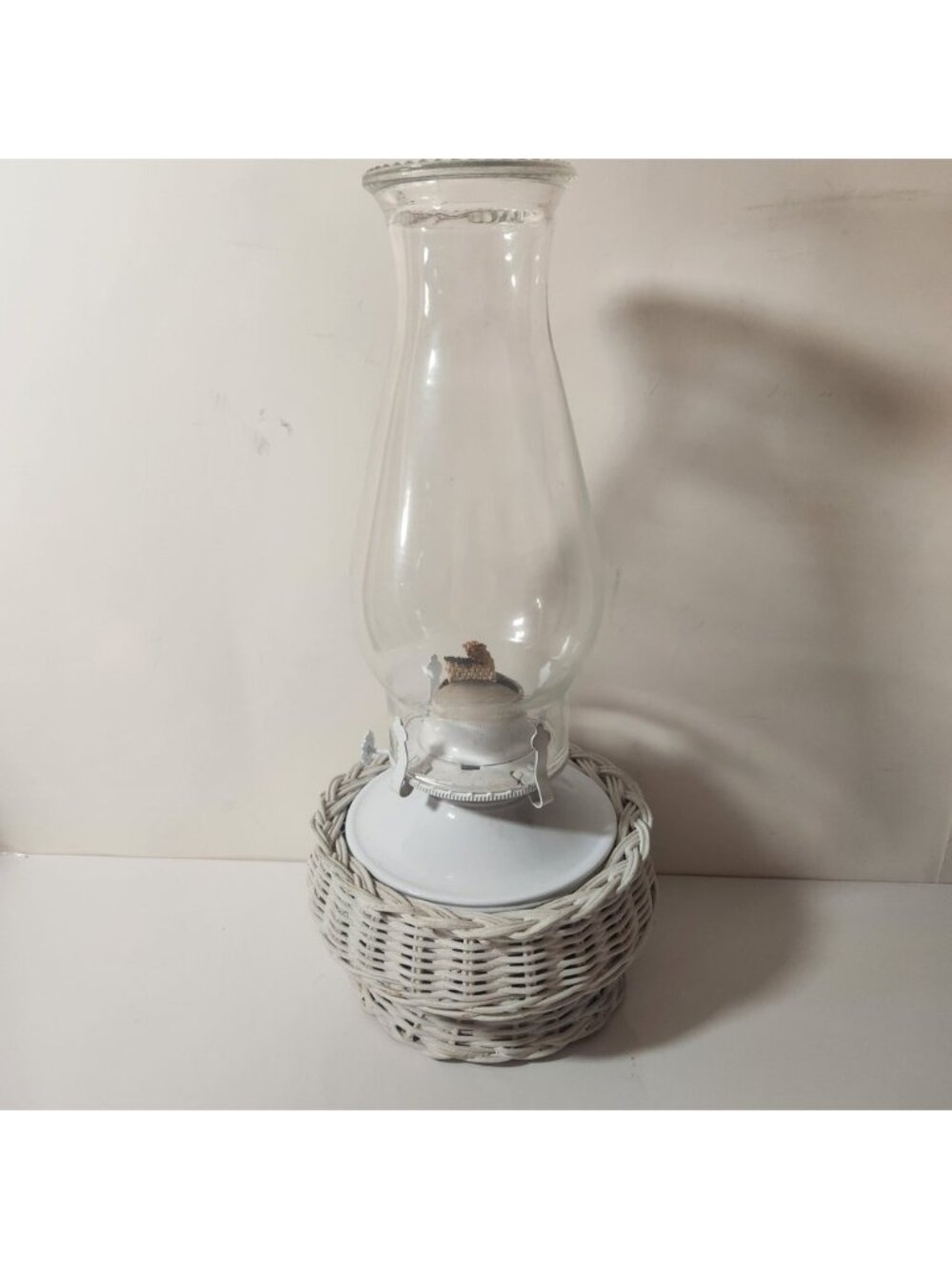 Vintage White Wicker Oil Lamp Hurricane Glass Chimney Farmhouse Decor 13.5 Inch